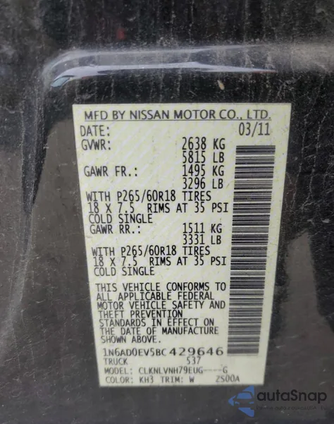 2011 Nissan Frontier S z USA, uszkodzony, nr VIN 1N6AD0EV5BC429646